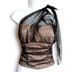 Anthropologie Pink Smocked Retro Bustier Corset One Shoulder Mesh Polka Dots L